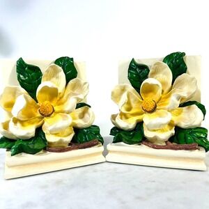 Vtg Magnolia Flower Bookends CBK Ltd 1995 Hand Painted Yellow Green Southerncor